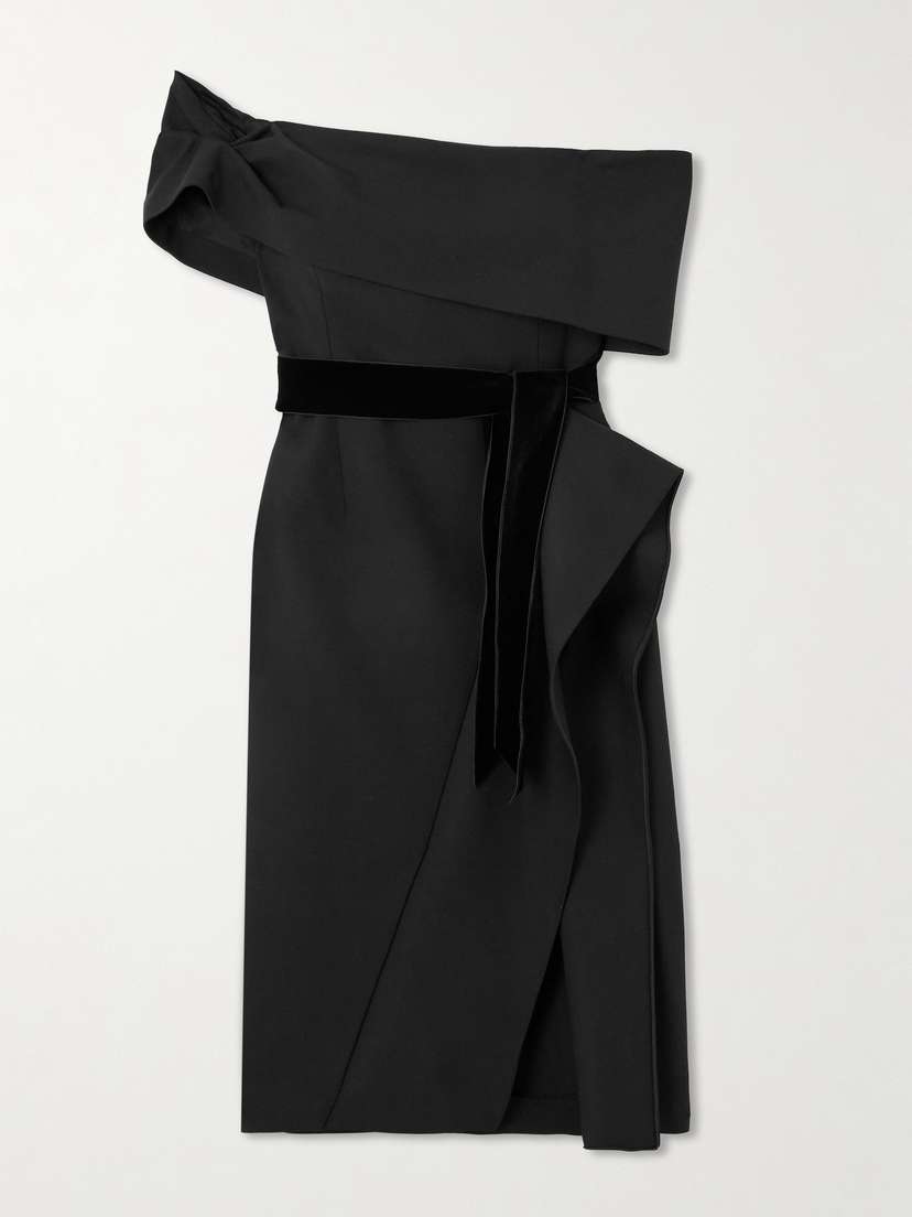 Oscar de la Renta Off-the-shoulder Belted Velvet-trimmed Grain De Poudre Wool-blend Midi Dress