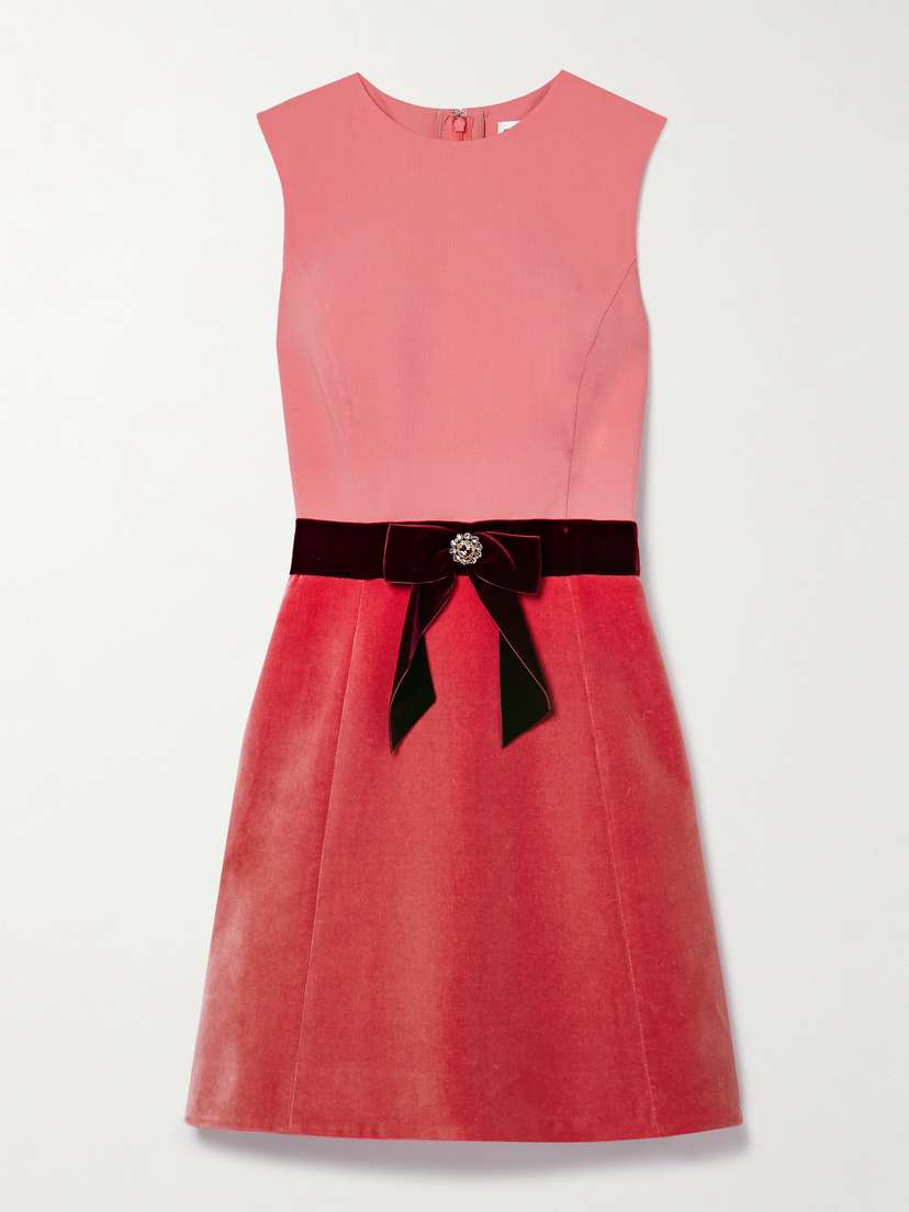 Oscar de la Renta Crystal-embellished Color-block Cotton-blend Velvet And Wool-blend Mini Dress