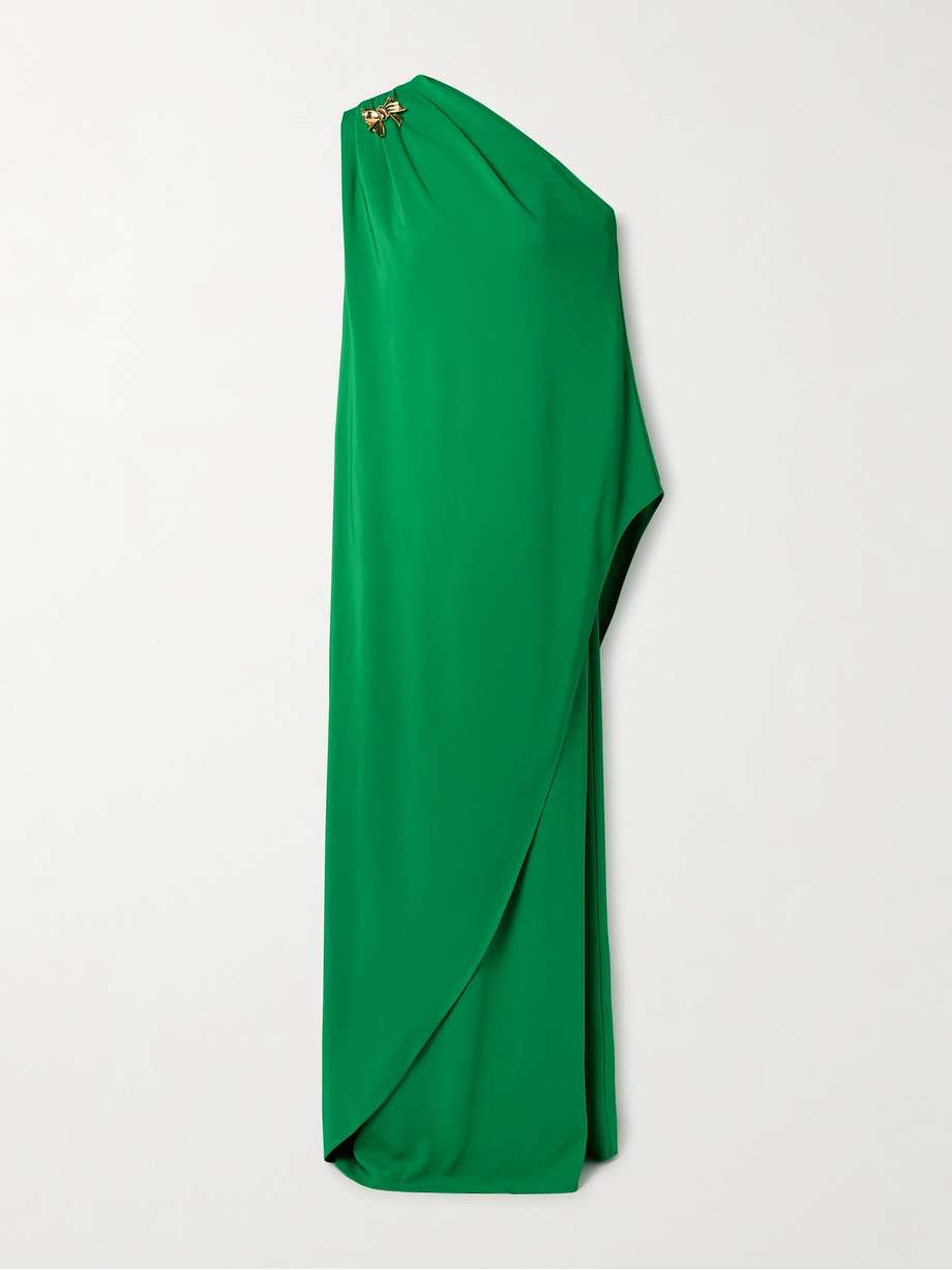 one-shoulder embellished draped cady gown