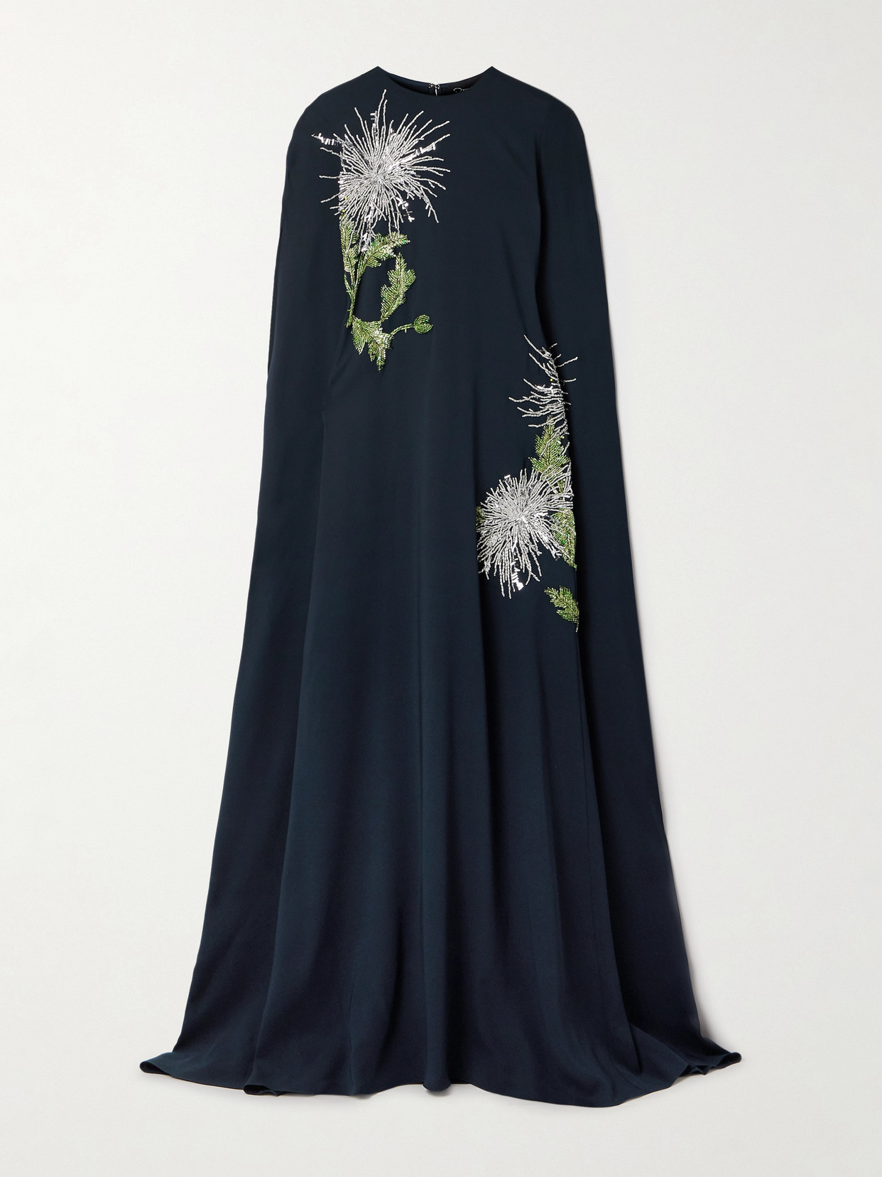 Oscar De La Renta Cape-effect Embellished Silk-blend Crepe Gown In Blue