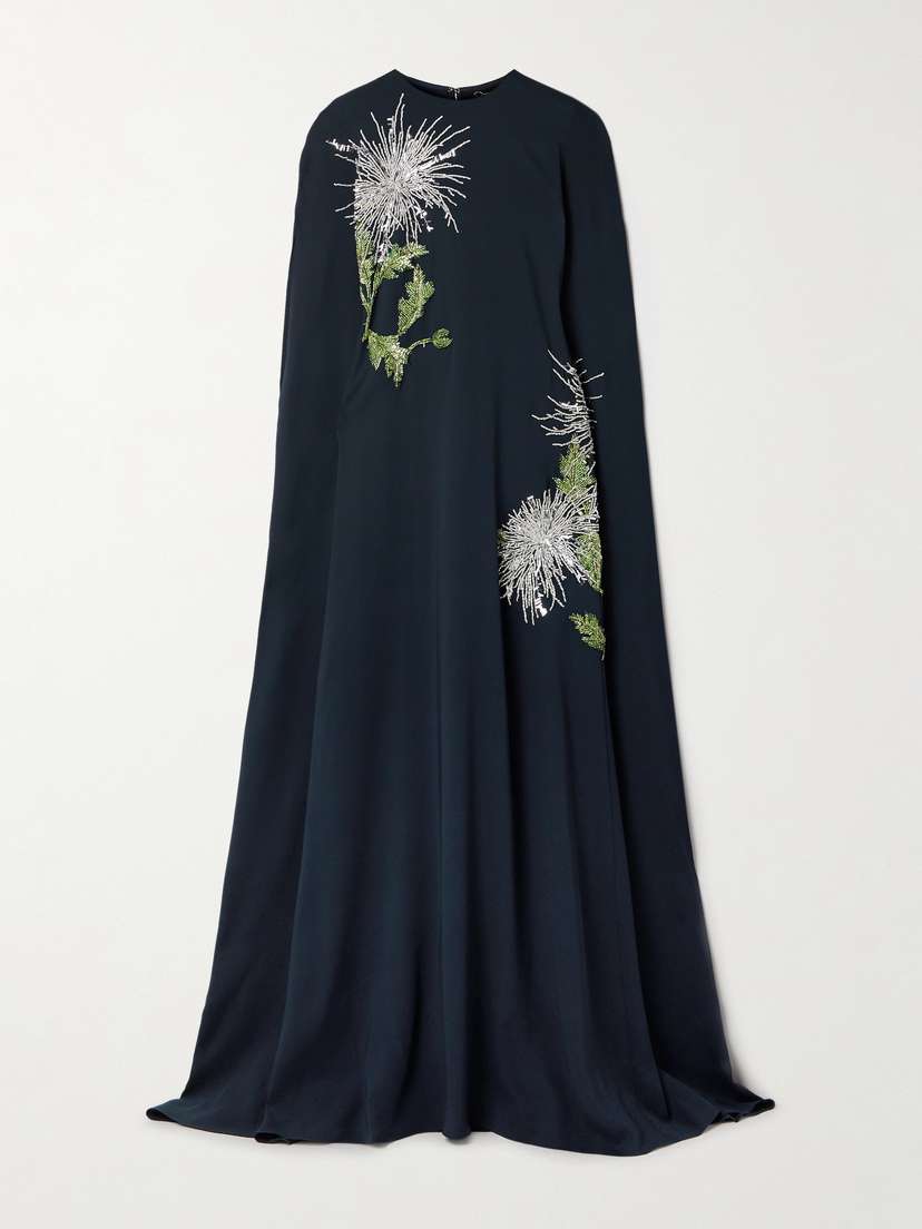 Oscar de la Renta Cape-effect Embellished Silk-blend Crepe Gown