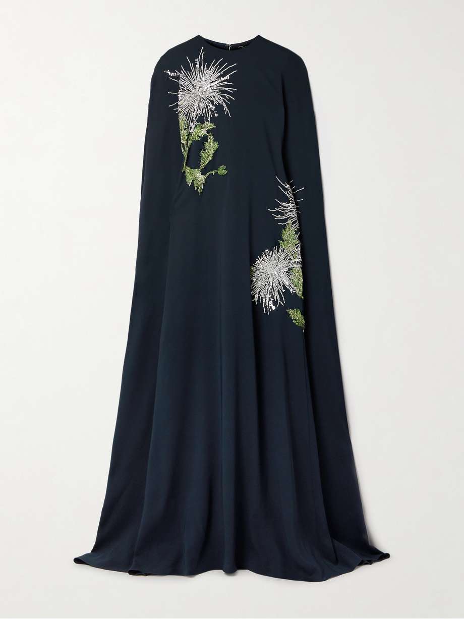 cape-effect embellished silk-blend crepe gown