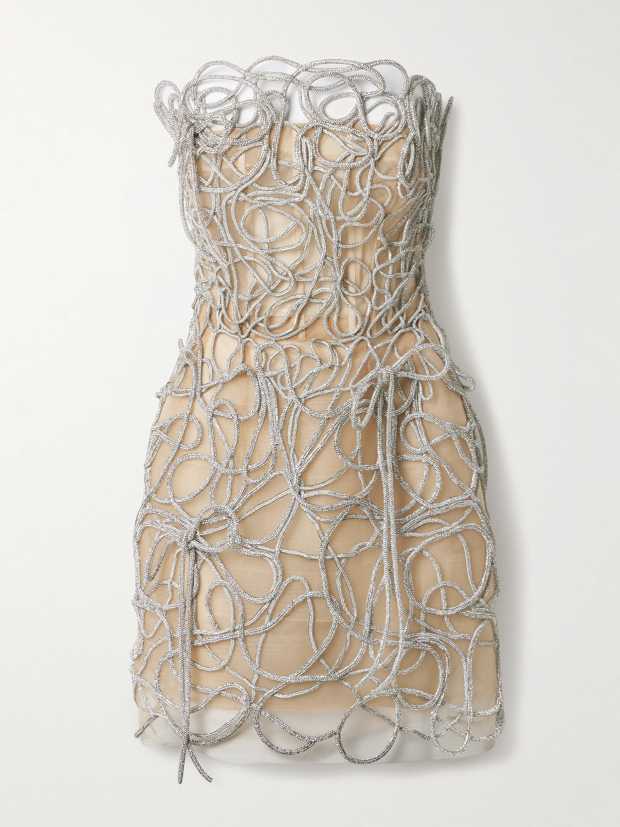 Oscar De La Renta Strapless Crystal-embellished Tulle Mini Dress In Silver