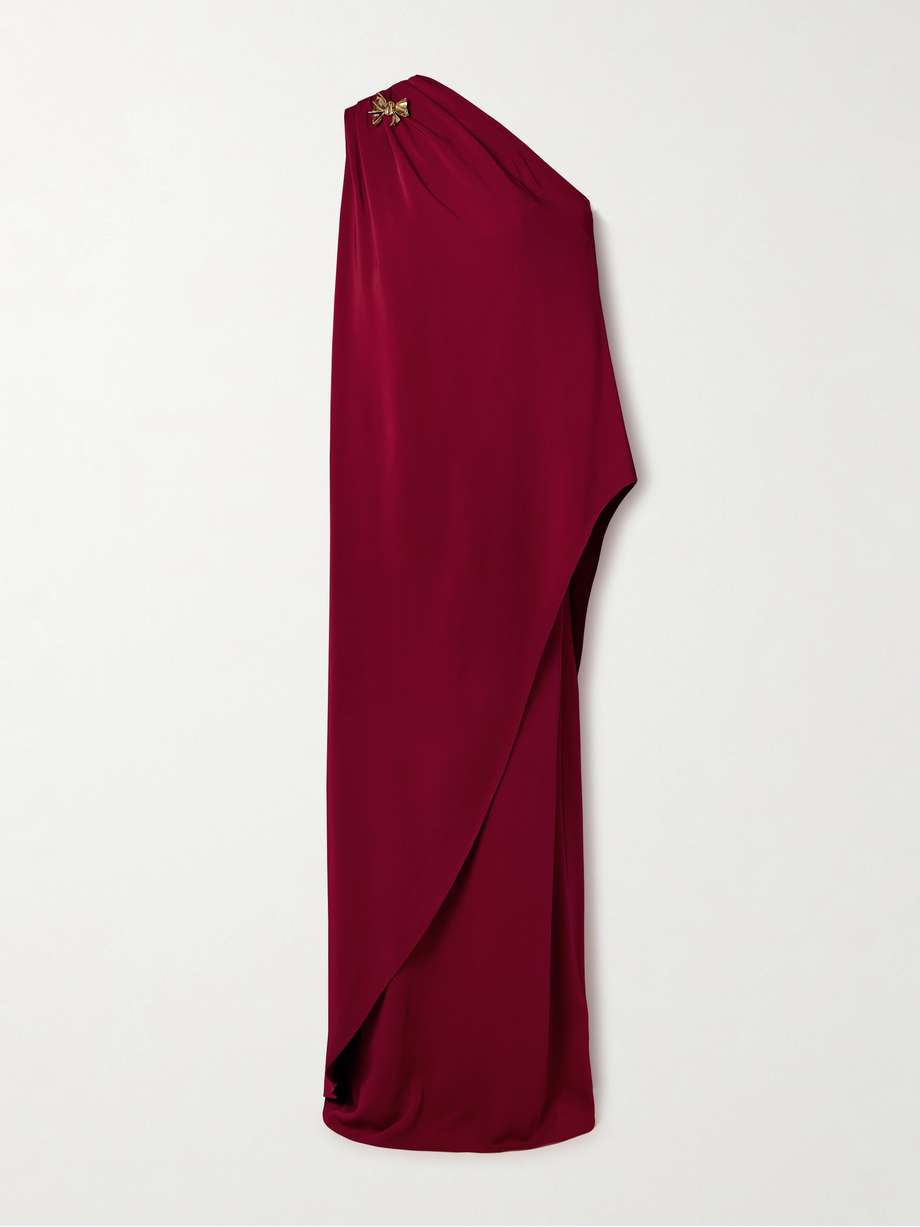 one-shoulder embellished draped cady gown