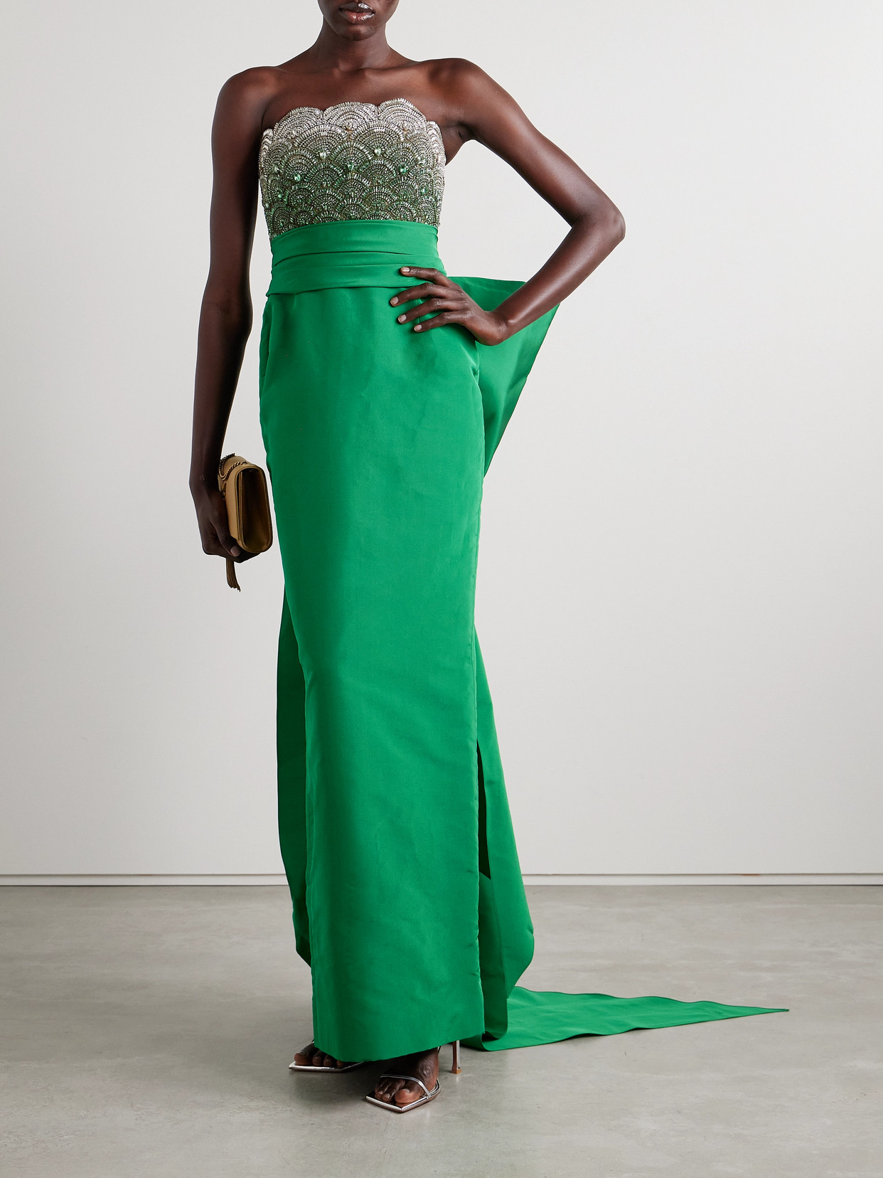 Oscar De La Renta Strapless Silk-faille And Embellished Tulle Gown In Green