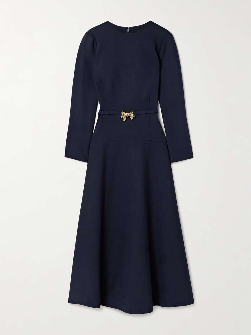 Oscar de la Renta Belted Embellished Wool-blend Midi Dress