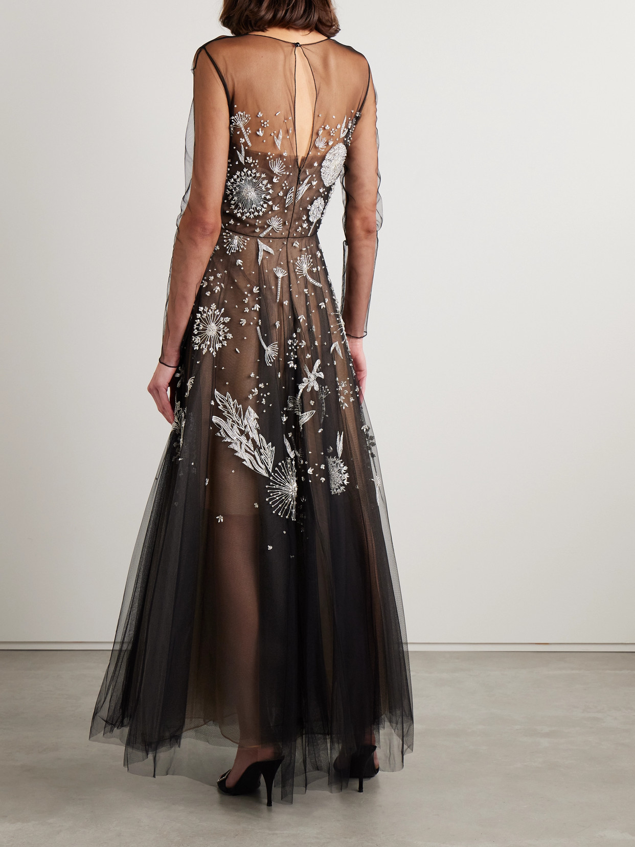 Oscar De La Renta Embellished Embroidered Tulle Maxi Dress In Black