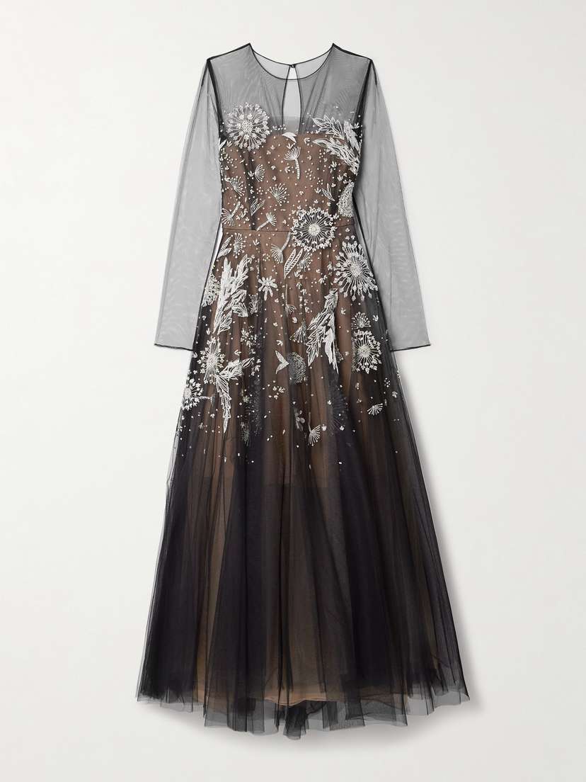 Oscar de la Renta Embellished Embroidered Tulle Maxi Dress