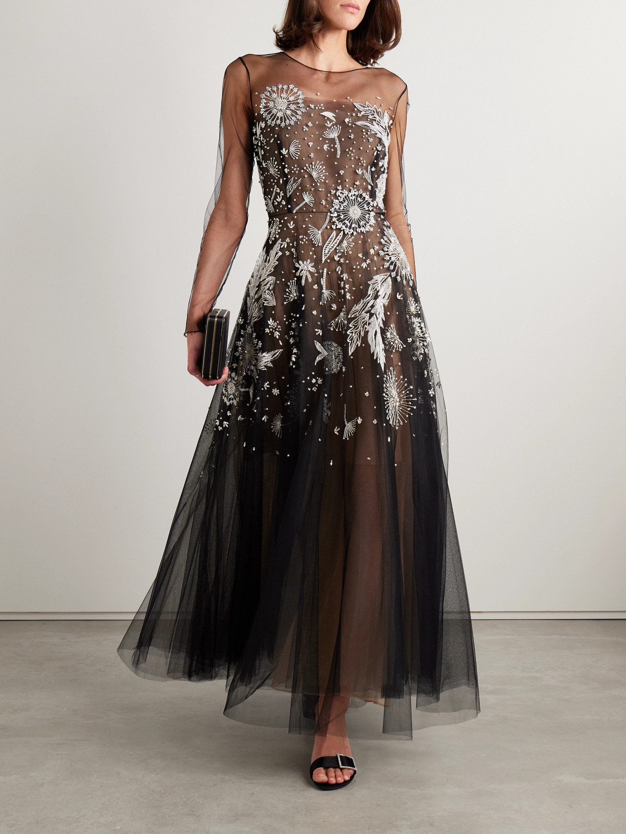 Oscar De La Renta Embellished Embroidered Tulle Maxi Dress In Black