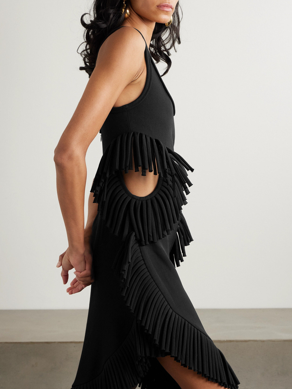 Diotima Scatter Fringed Cutout Wool Midi Dress In Black