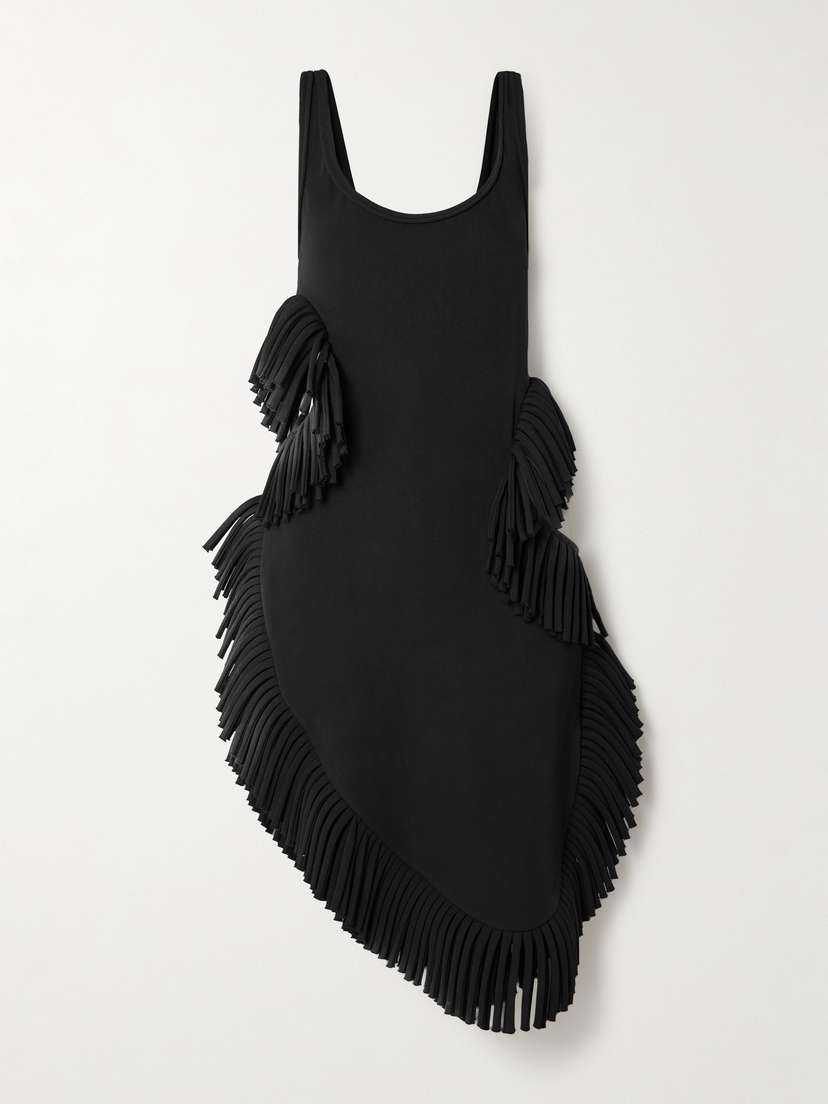 Diotima Scatter Asymmetric Cutout Fringed Wool-twill Midi Dress