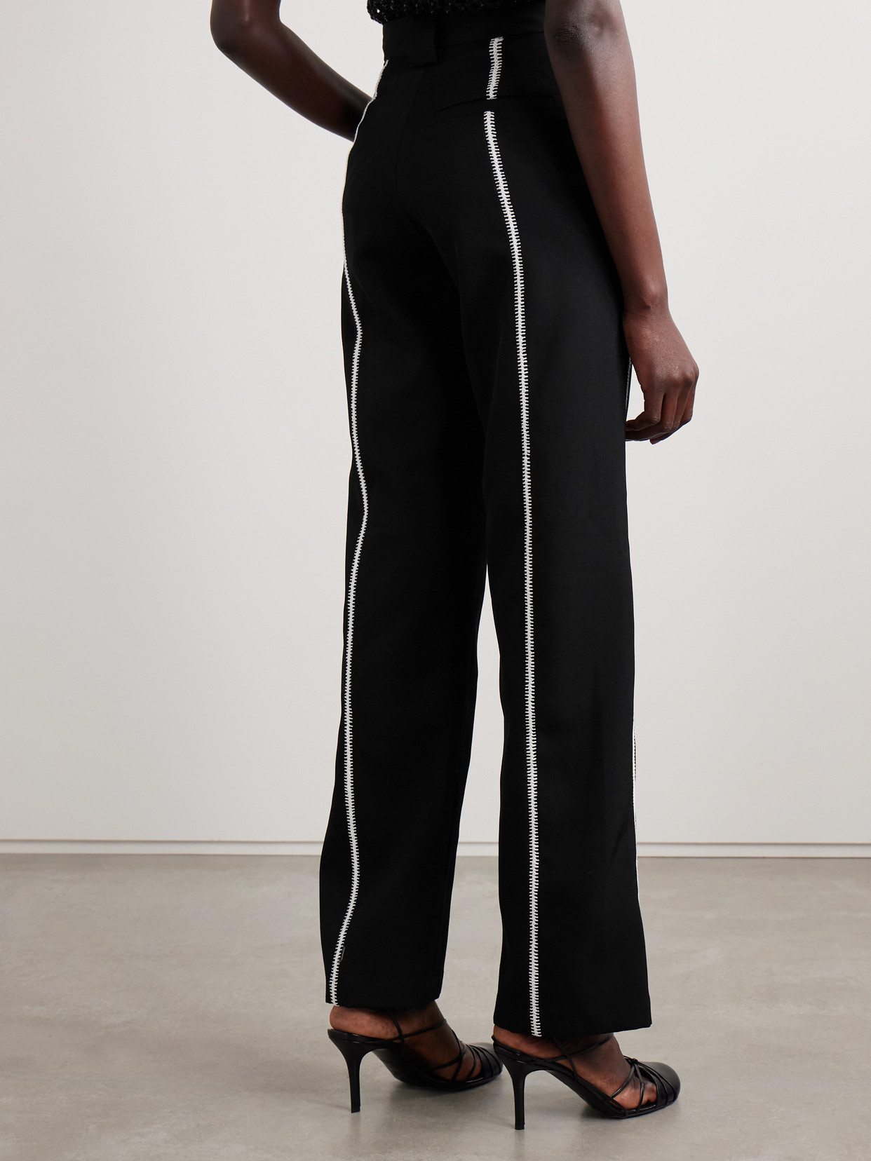 Diotima Thirds Embroidered Wool-twill Straight-leg Pants In Black