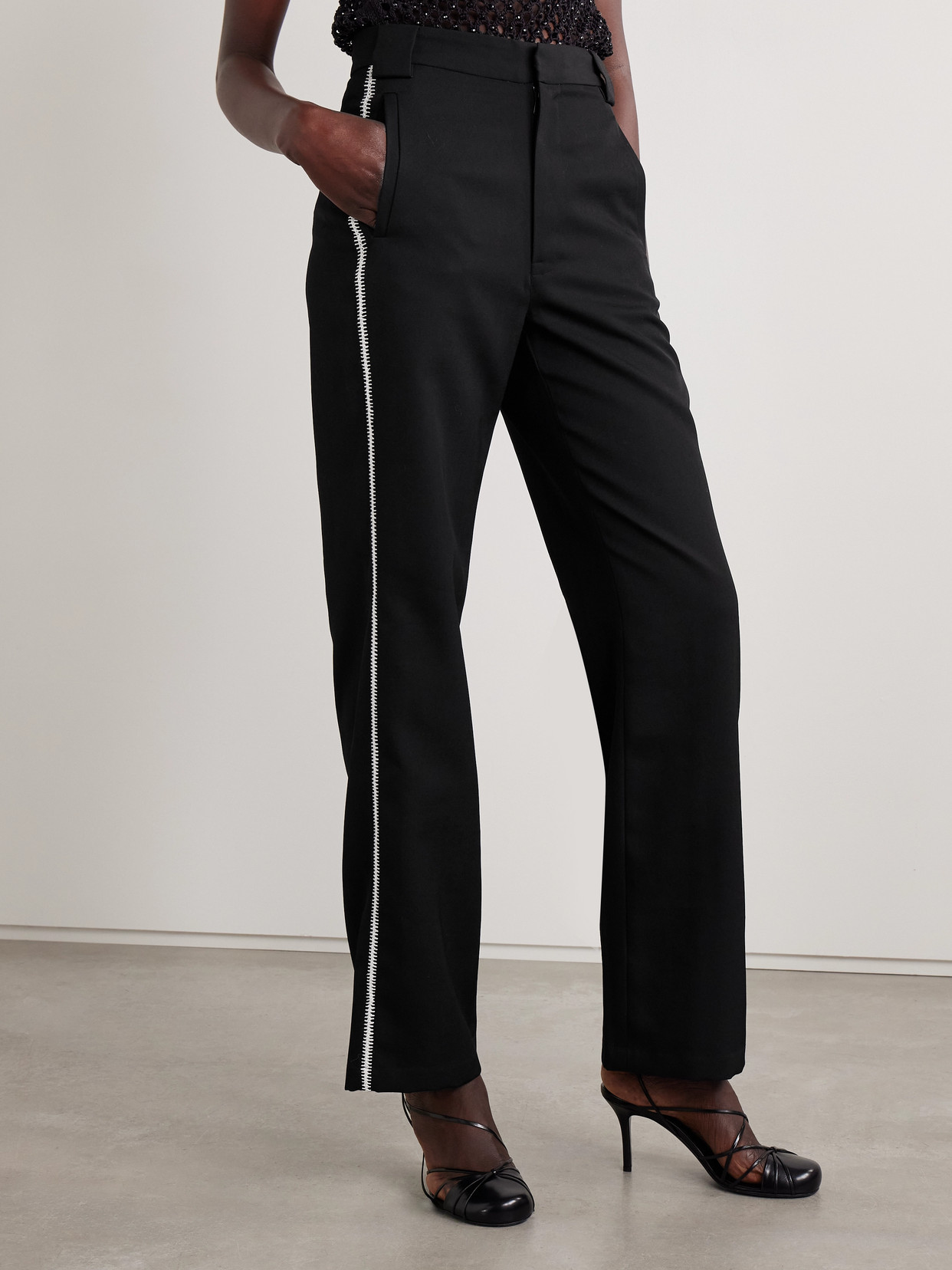 Diotima Thirds Embroidered Wool-twill Straight-leg Pants In Black