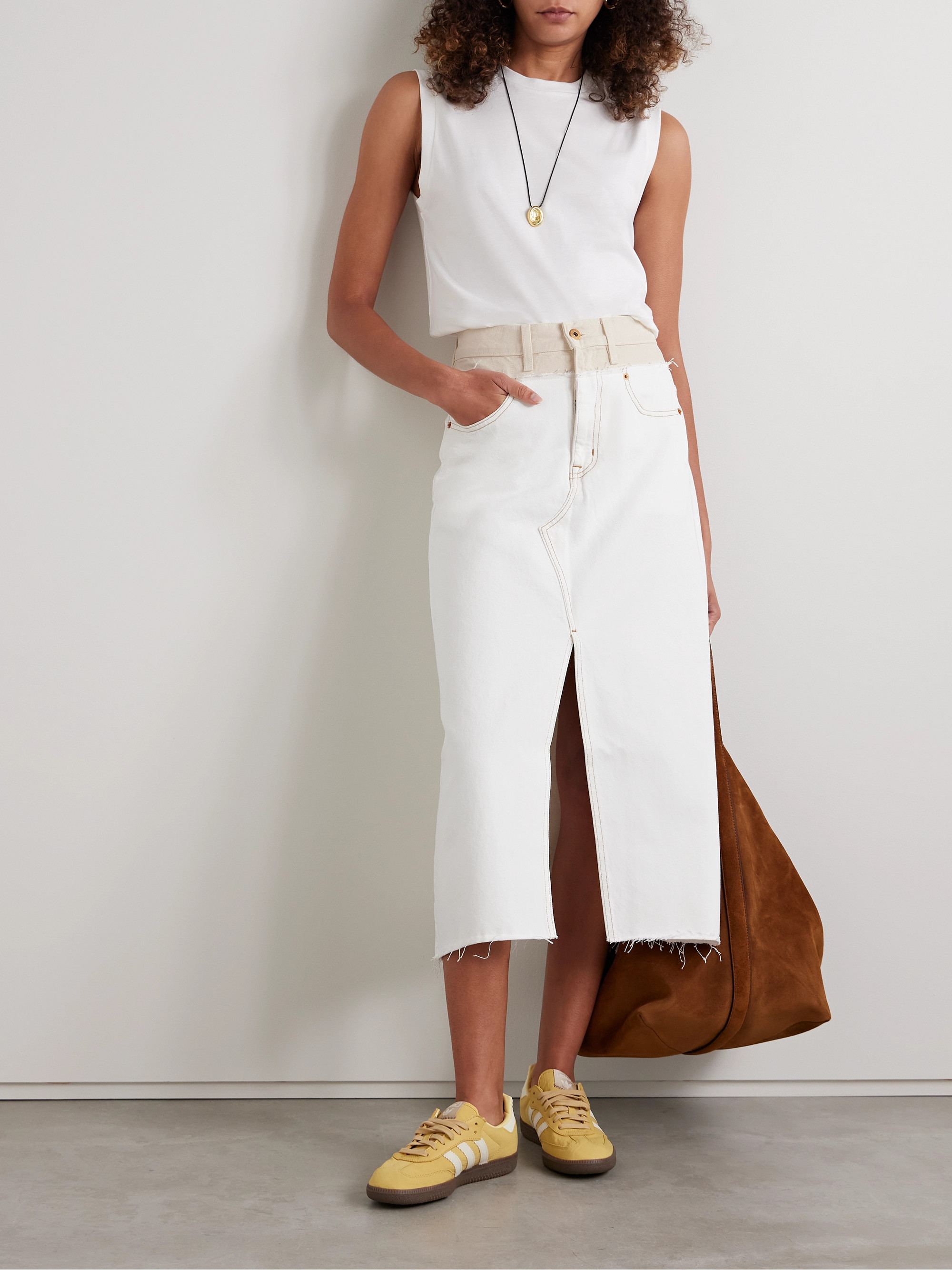 SLVRLAKE Dallas frayed paneled denim midi skirt