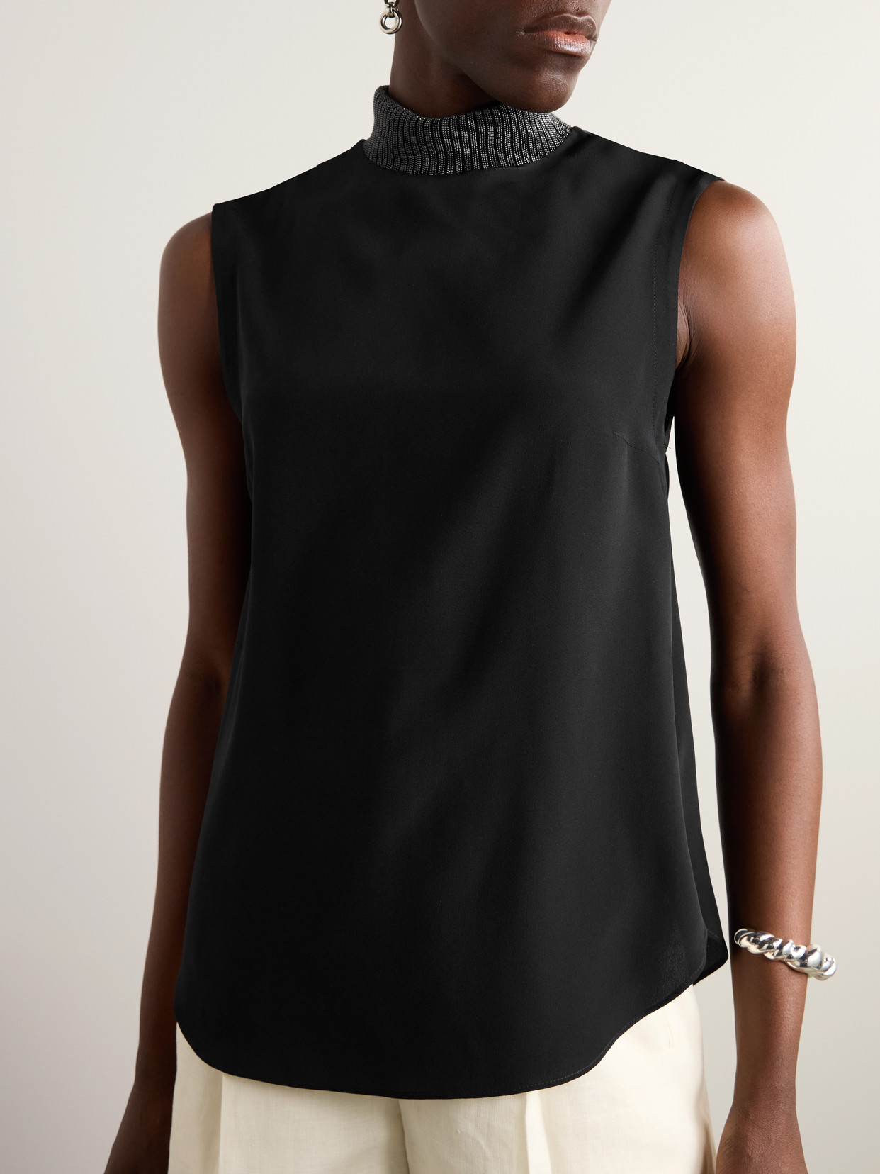 Brunello Cucinelli Bead-embellished Silk-satin Blouse In Black