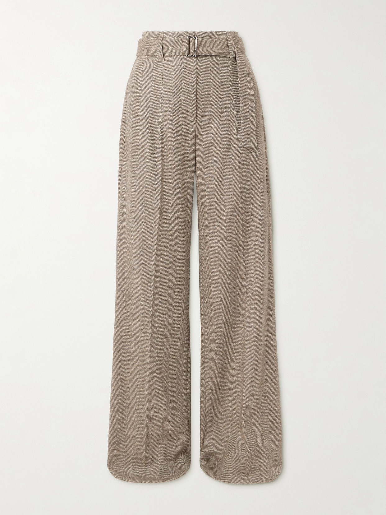 Brunello Cucinelli - Belted Herringbone Pleated Wool-blend Wide-leg Pants - Brown