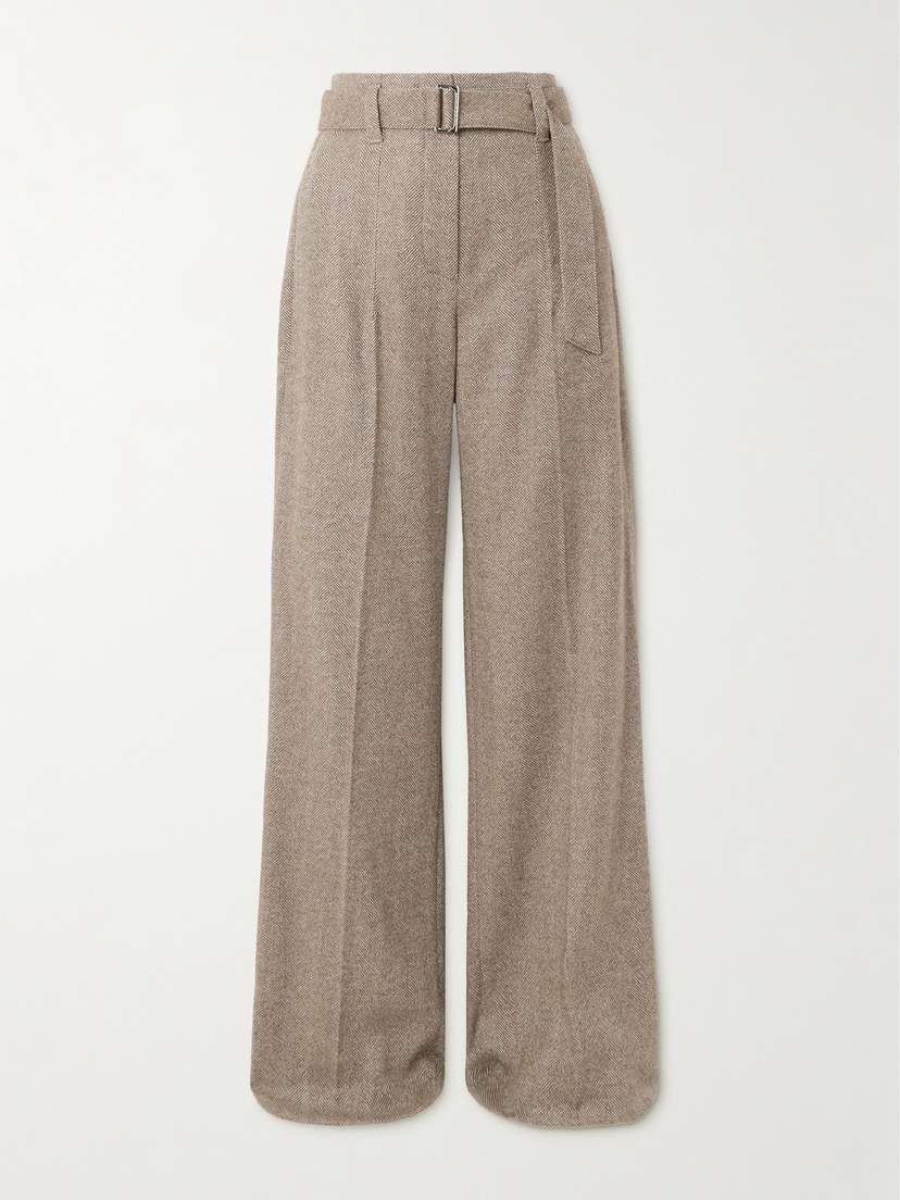 Brunello Cucinelli — Belted herringbone pleated wool-blend wide-leg pants