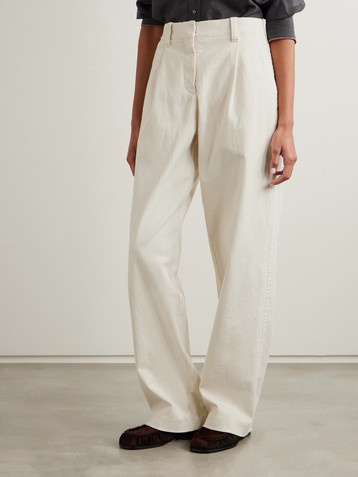 Brunello Cucinelli Embellished pleated cotton-blend wide-leg pants