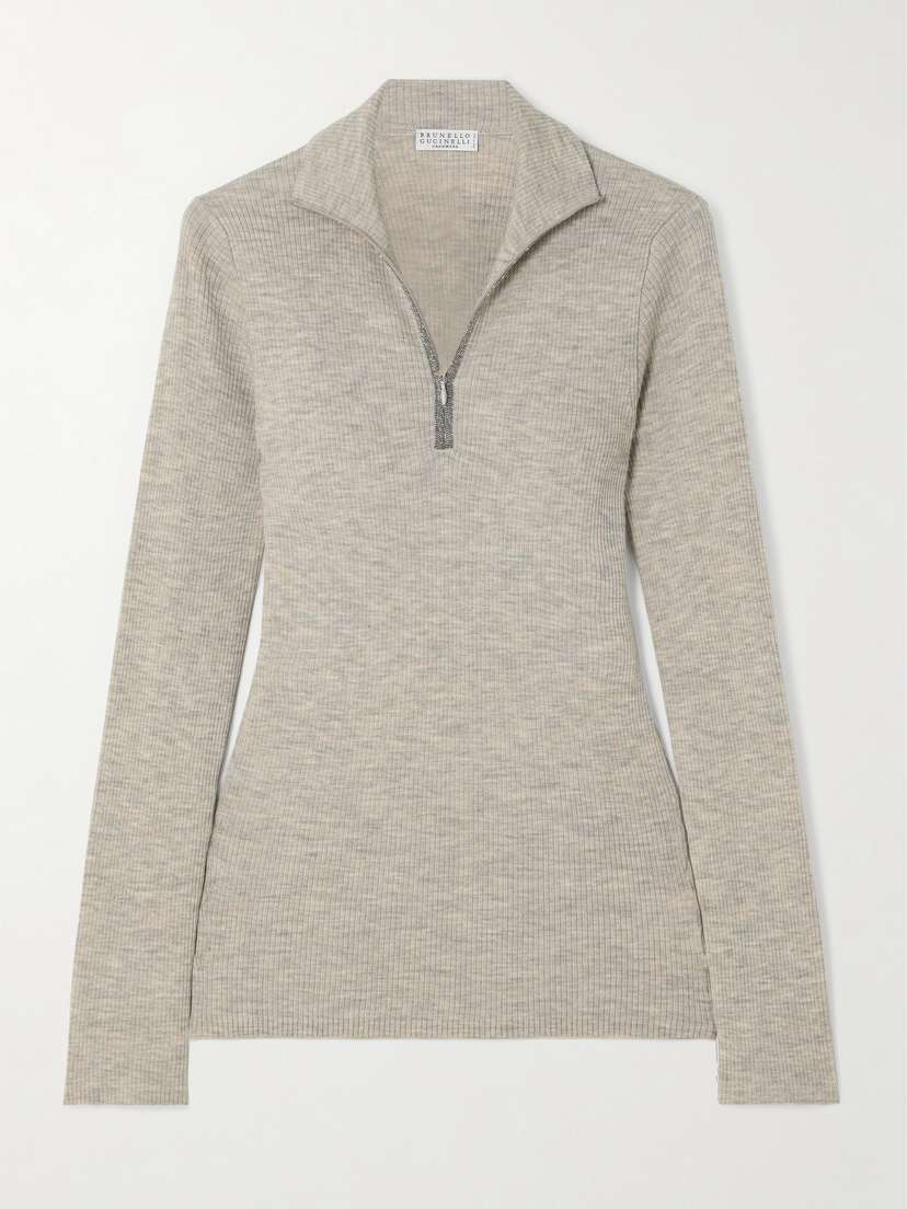 Brunello Cucinelli Bead-embellished Ribbed Wool And Cashmere-blend Half-zip Sweater - x large