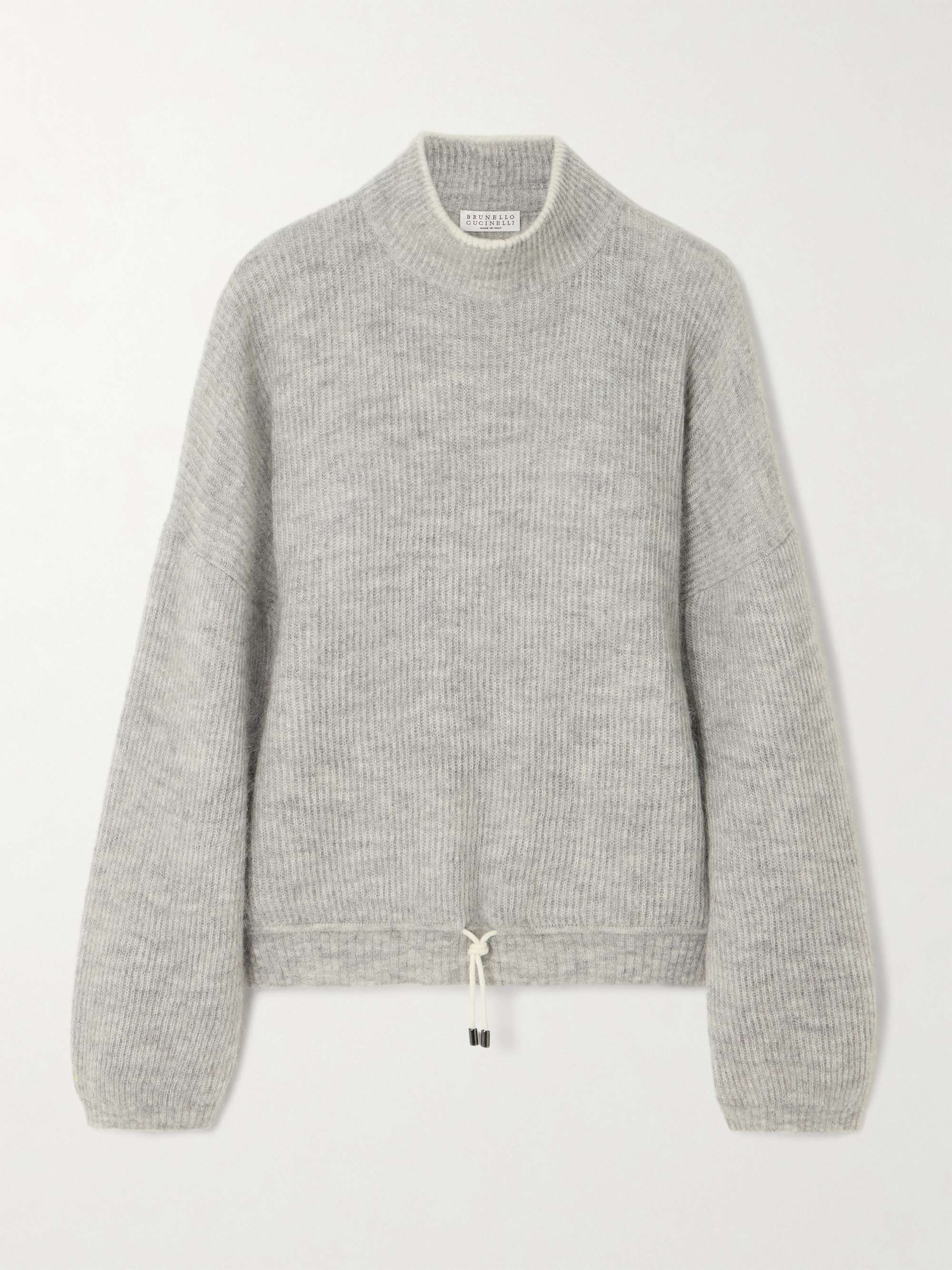 Tie detailed ribbed mohair blend turtleneck sweater