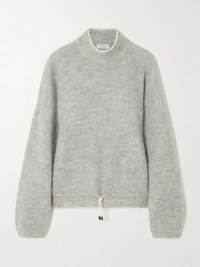 Brunello Cucinelli Tie-detailed Ribbed Mohair-blend Turtleneck Sweater