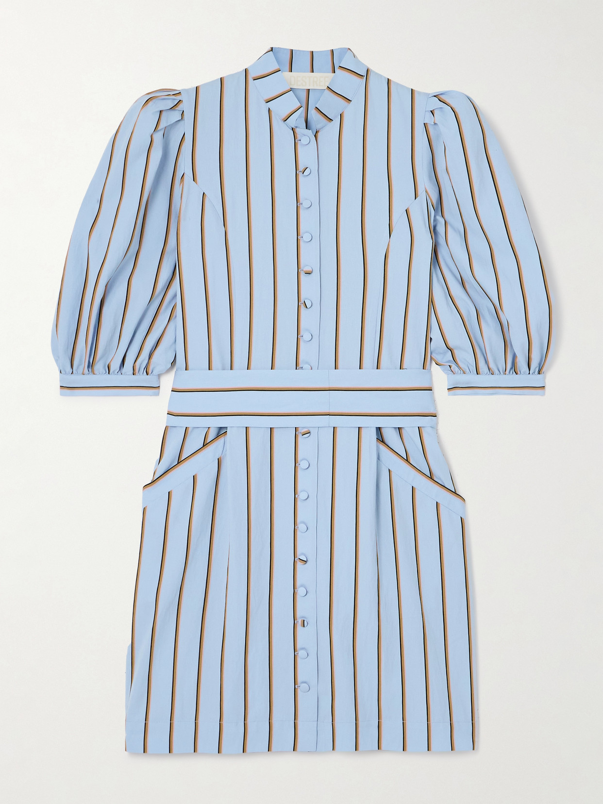 D'estree Amoako Belted Striped Twill Mini Dress In Blue