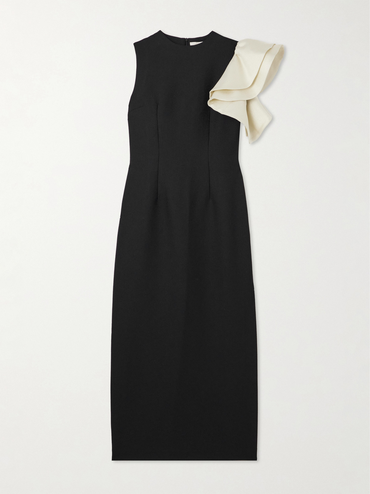D'estree Franz Asymmetric Two-tone Crepe Midi Dress In Black