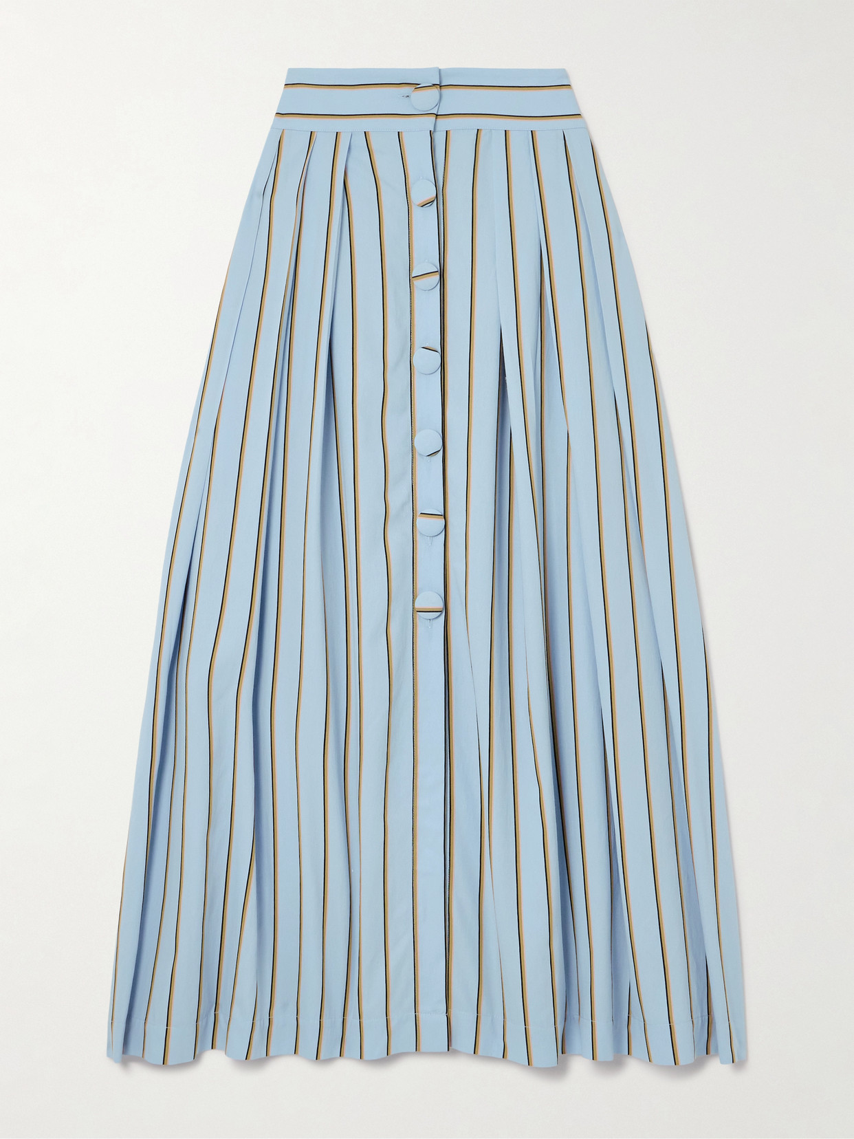 D'estree Irving Pleated Striped Twill Midi Skirt In Blue