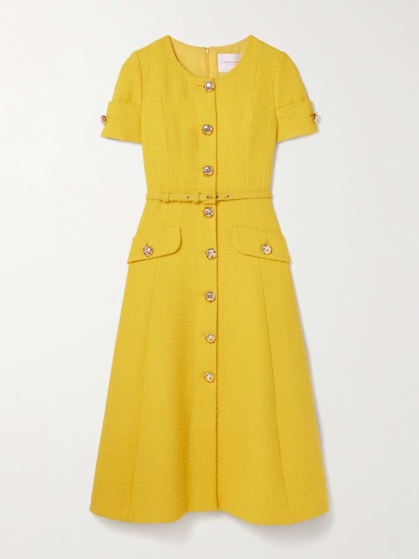 Carolina Herrera Belted Button-embellished Wool-tweed Midi Dress