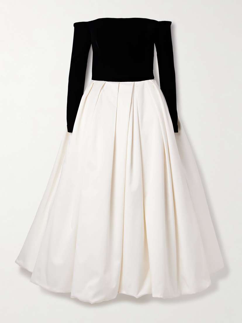 Carolina Herrera Off-the-shoulder Pleated Two-tone Velvet And Sateen Midi Dress
