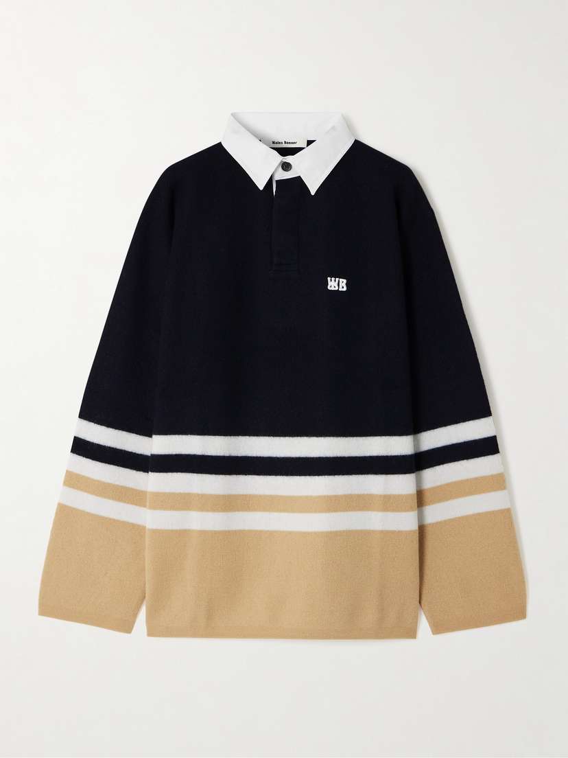 Wales Bonner Cypher Striped Embroidered Cotton-blend Twill-trimmed Wool Sweater