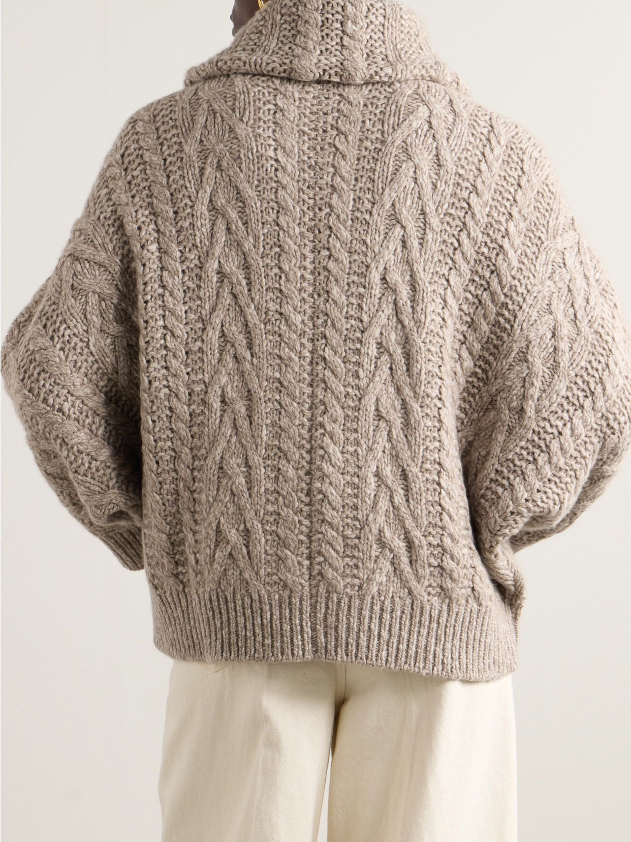 Brunello Cucinelli Bead-embellished Leather-trimmed Cable-knit Wool And Cashmere-blend Cardigan In Neutrals