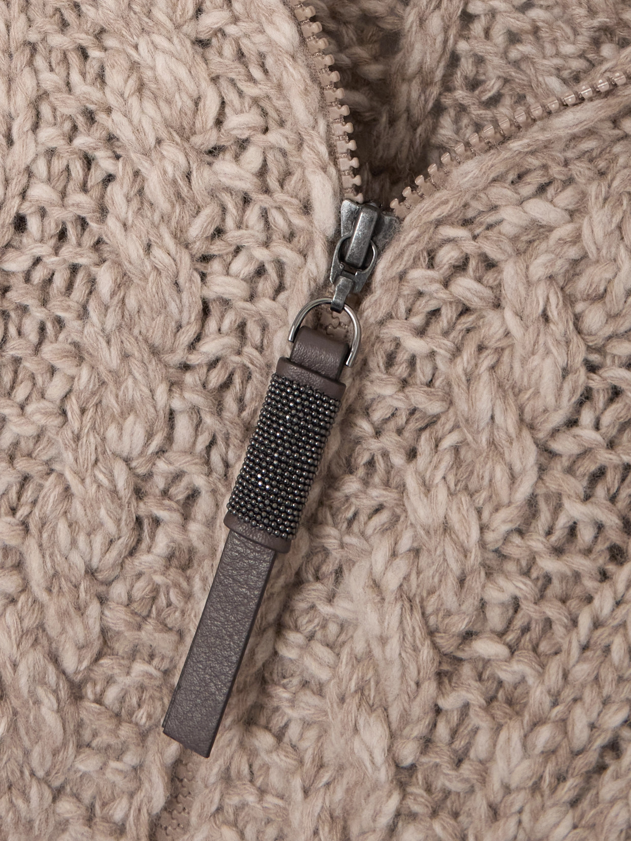 Brunello Cucinelli Bead-embellished Leather-trimmed Cable-knit Wool And Cashmere-blend Cardigan In Neutrals