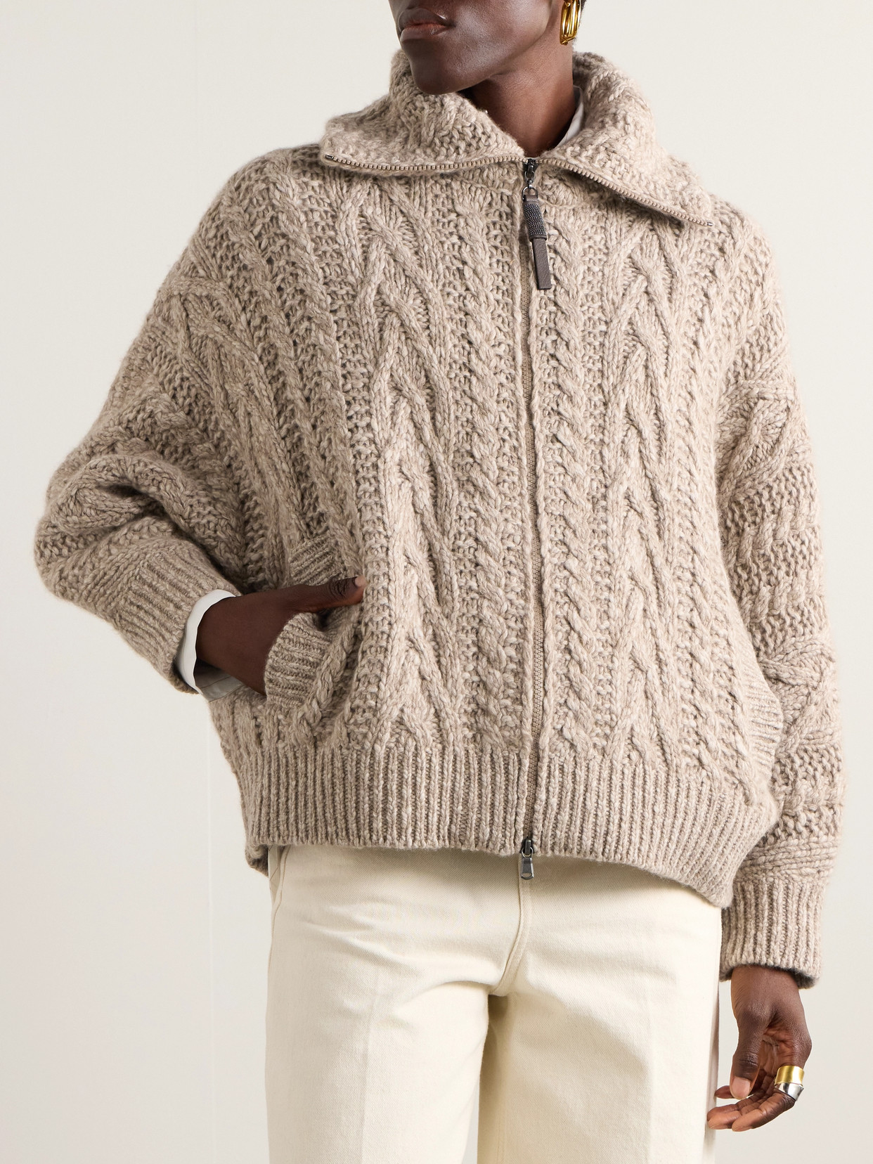 Brunello Cucinelli Bead-embellished Leather-trimmed Cable-knit Wool And Cashmere-blend Cardigan In Neutrals