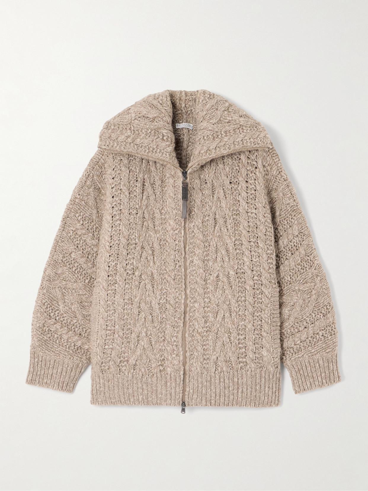 Brunello Cucinelli Bead-embellished Leather-trimmed Cable-knit Wool And Cashmere-blend Cardigan In Neutrals
