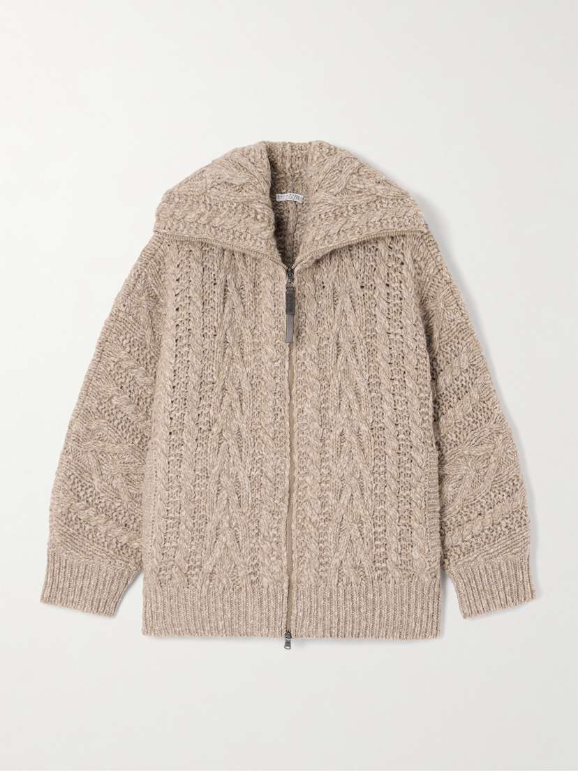 Brunello Cucinelli Bead-embellished Leather-trimmed Cable-knit Wool And Cashmere-blend Cardigan