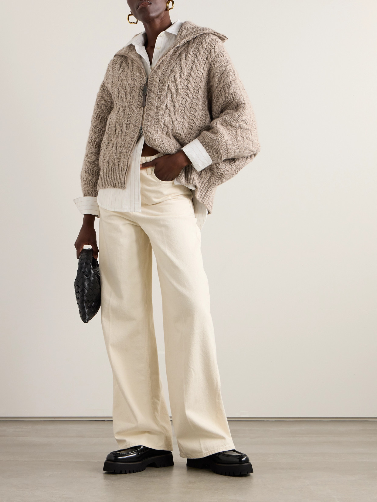 Brunello Cucinelli Bead-embellished Leather-trimmed Cable-knit Wool And Cashmere-blend Cardigan In Neutrals