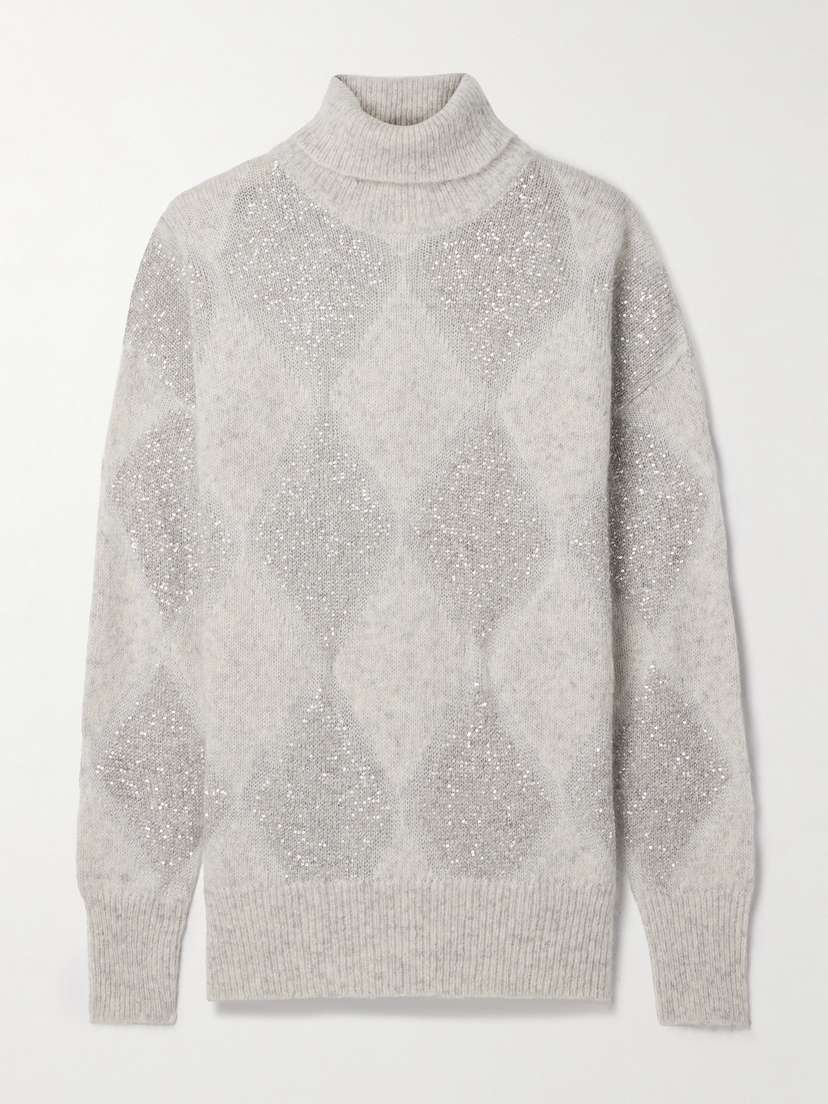 Brunello Cucinelli Sequined Intarsia Argyle Wool And Mohair-blend Turtleneck Sweater
