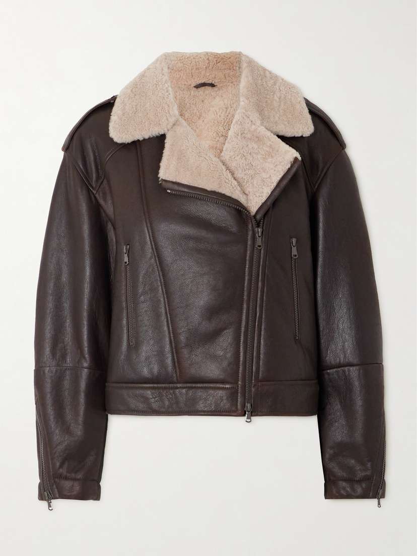 Brunello Cucinelli Shearling-trimmed Textured-leather Biker Jacket