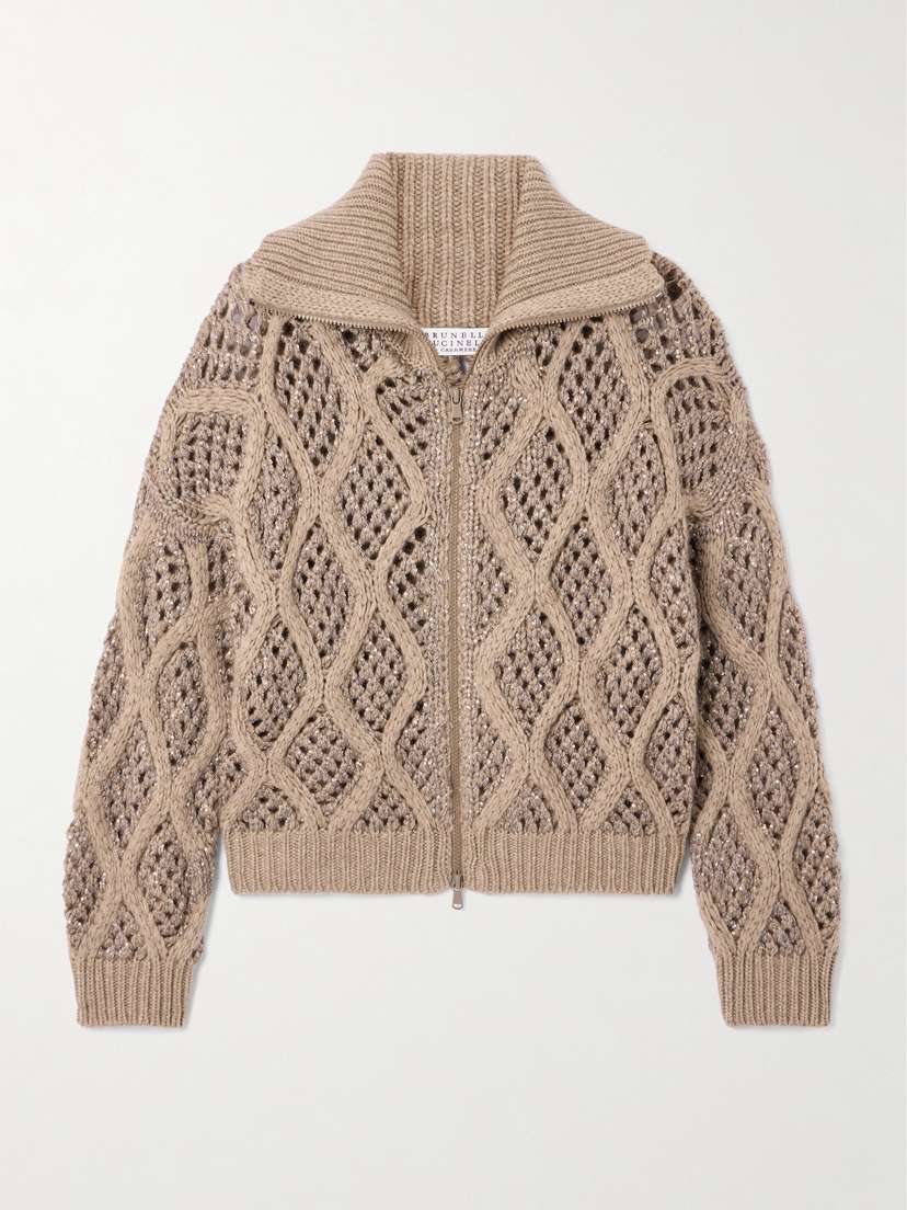 Brunello Cucinelli Sequin-embellished Open-knit Cashmere Cardigan