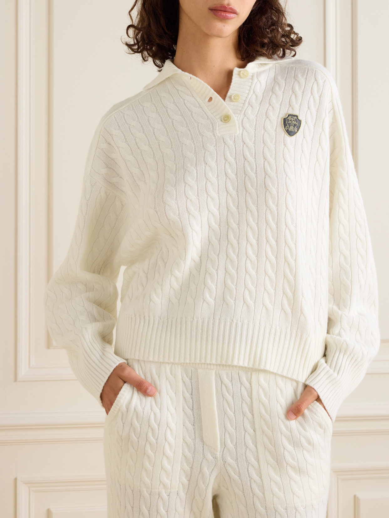 Brunello Cucinelli Appliquèd Cable-knit Cashmere Sweater In White