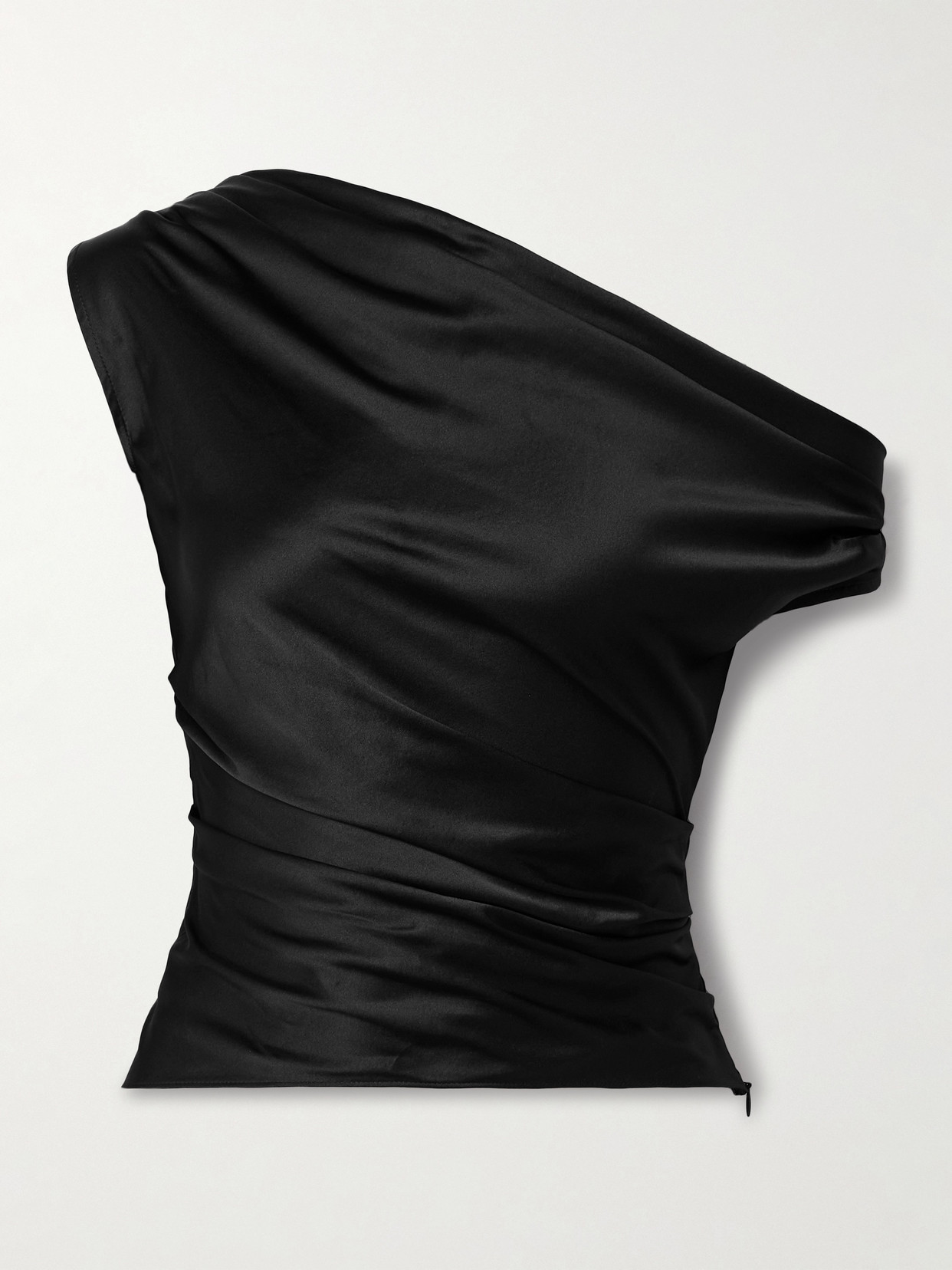 Staud Phare One-shoulder Draped Silk-blend Satin Top In Black