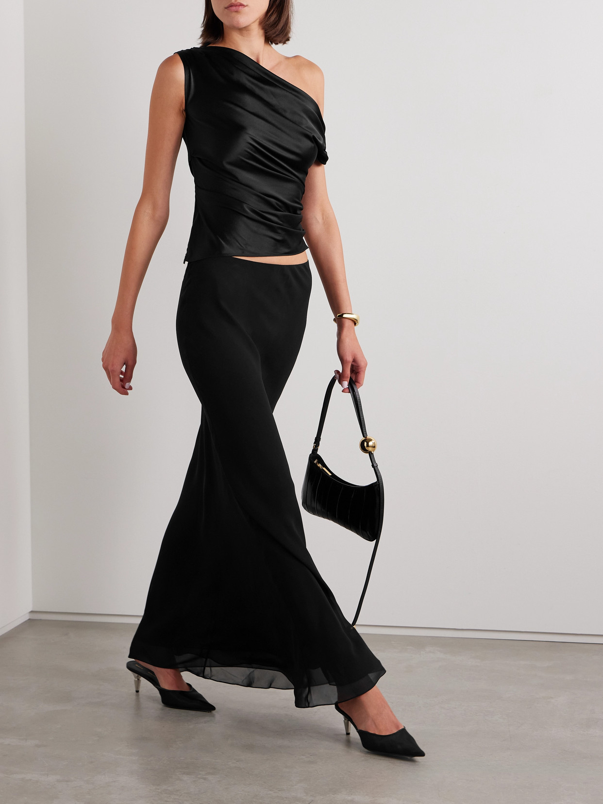 Staud Phare One-shoulder Draped Silk-blend Satin Top In Black