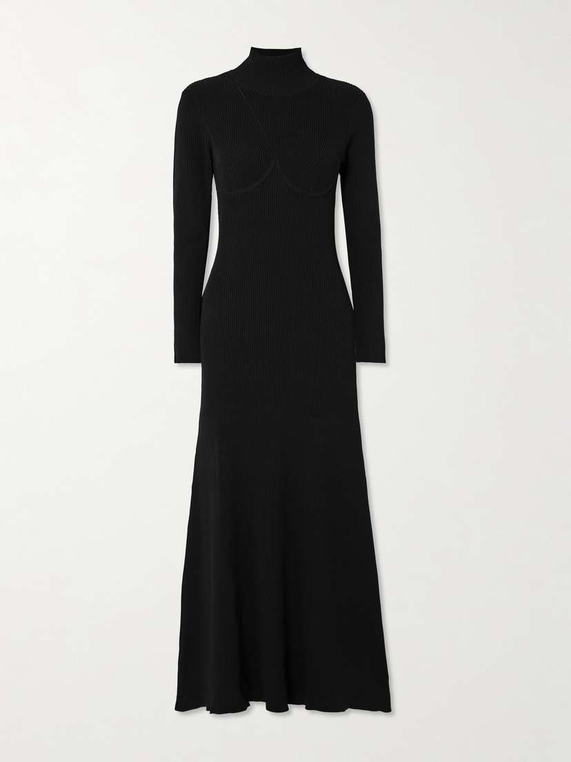 Staud Obsidian Open-back Ribbed-knit Turtleneck Maxi Dress