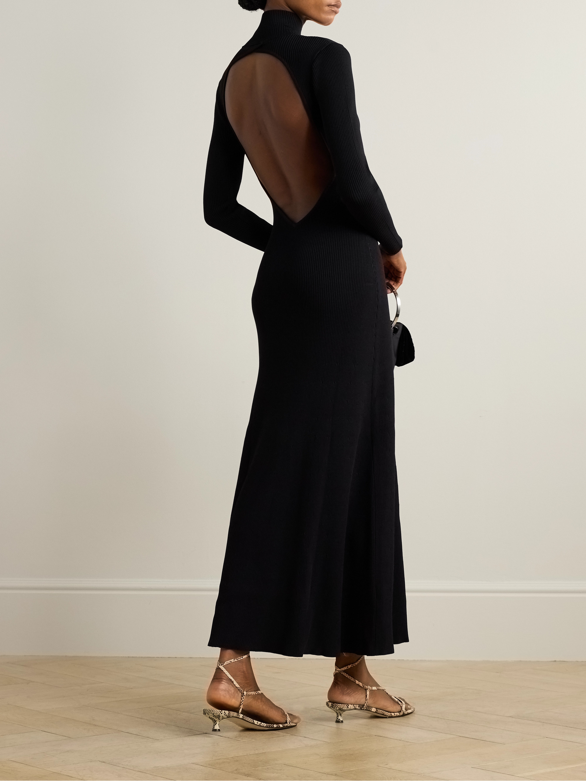 Staud Obsidian open-back ribbed-knit turtleneck maxi dress