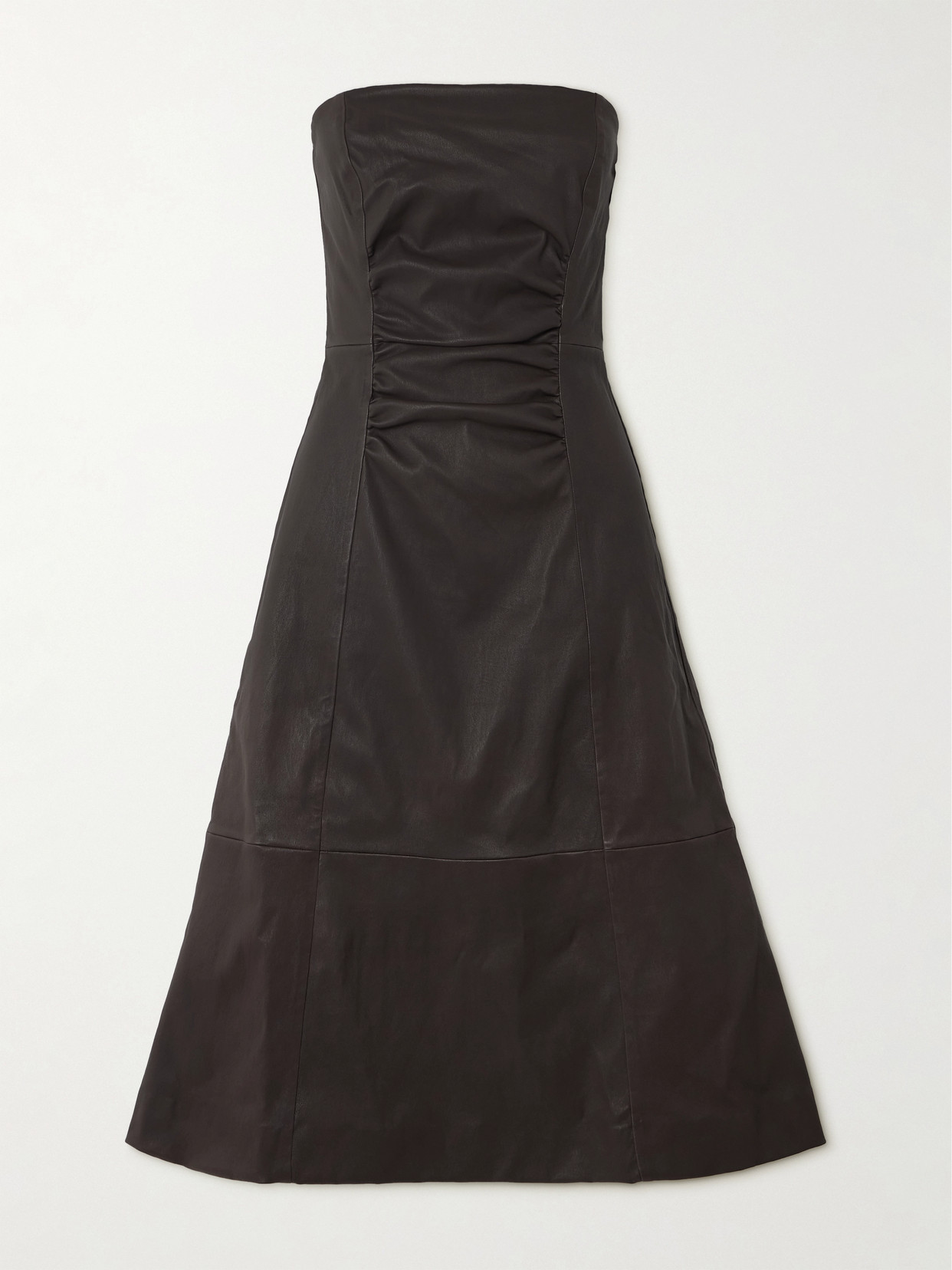 Staud Bowery Gathered Leather Midi Dress In Brown