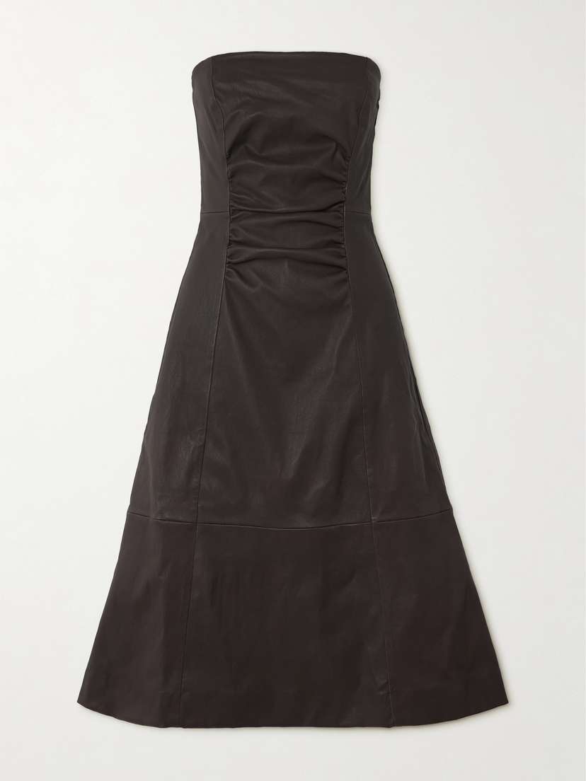 Staud Bowery Gathered Leather Midi Dress