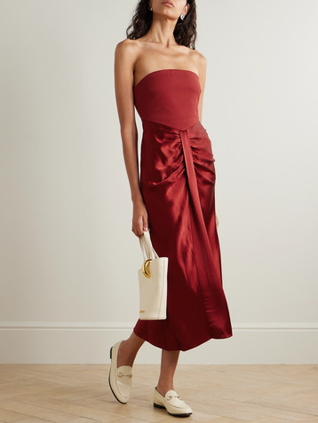 Staud Wayfaring strapless gathered satin and ponte midi dress
