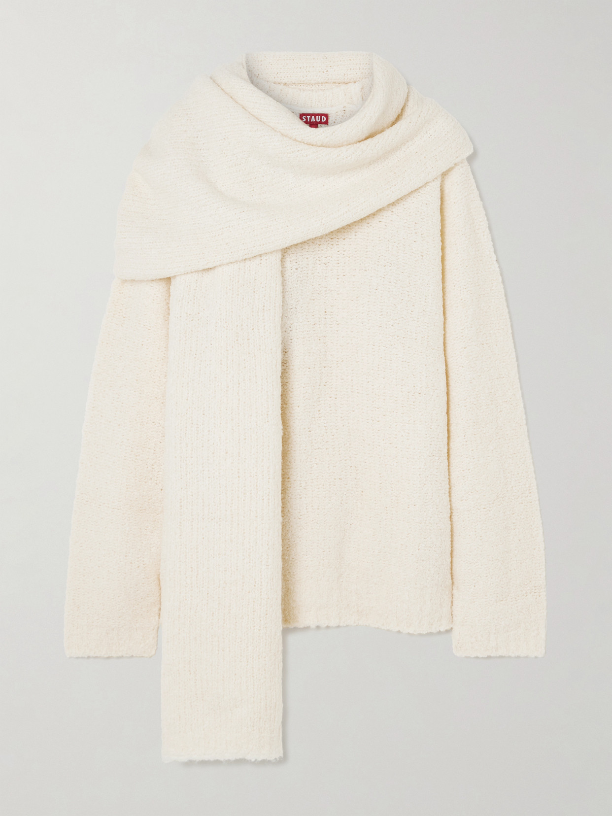 Staud Siren Bouclé Jumper With Detachable Scarf In Ivory