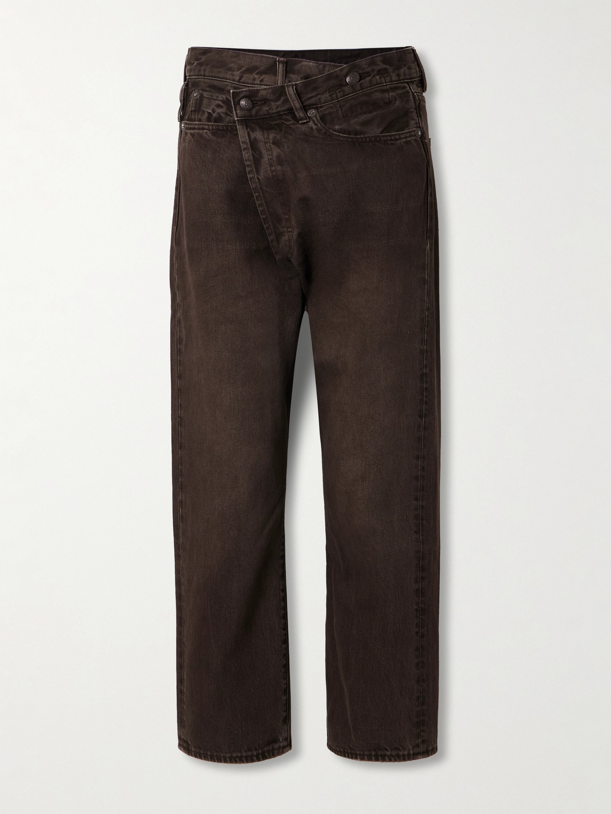 R13 Crossover Asymmetric Distressed Low-rise Boyfriend Jeans In Brown